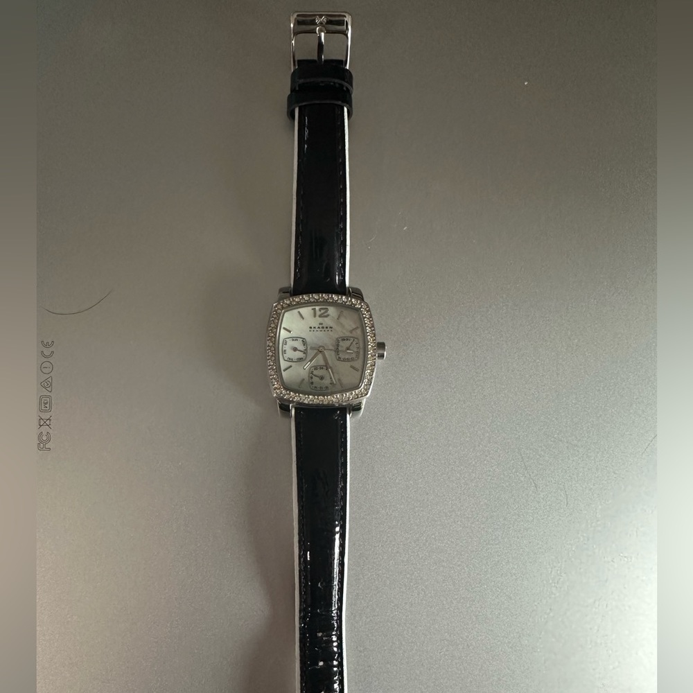 Skagen black patent band watch with crystal face